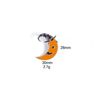 Detail view of crescent moon enamel pin with wizard hat showing 30mm x 28mm dimensions
