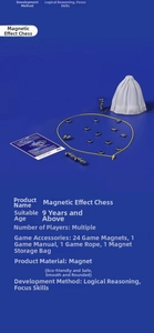 Detail view of magnetic chess set including stones, yellow rope, and storage pouch
