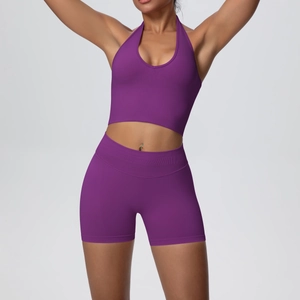 Detail of purple ribbed halter crop top and high waist shorts seamless yoga set