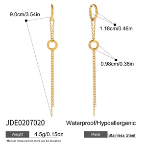 Detailed view of 18K gold plated stainless steel long tassel earrings with measurements
