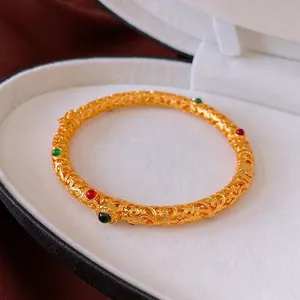 24K gold plated vintage filigree bangle featuring red and green zircons in luxury gift box