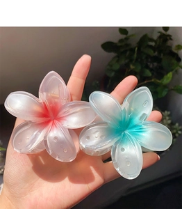 Detail of gradient pink and blue flower hair claws with translucent resin petals