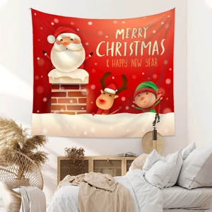 Detail of Christmas tapestry featuring Santa and reindeer on a cozy bedroom wall