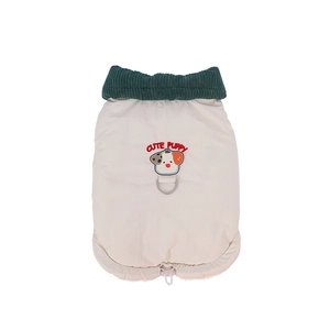 Off-white dog winter vest with green corduroy collar and D-ring leash attachment