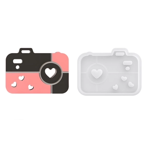 DIY silicone camera mold for resin crafts with heart patterns and finished sample display