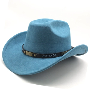 Detail of lake blue suede cowboy hat with brown decorative band and metal accents