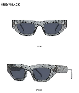 Detailed views of grey and black terrazzo pattern cat-eye frames with dark grey lenses