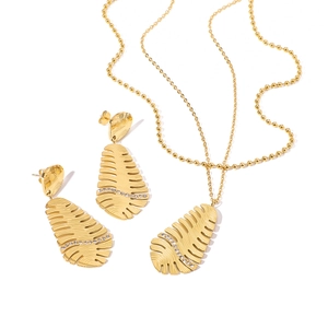 18k gold plated stainless steel double layer necklace and leaf earrings set with crystals
