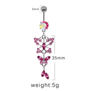 Détails du piercing de nombril papillon argenté avec zircon rose et les dimensions 35mm