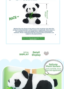 Close-up of plush panda keychain with green bamboo accessory and size guide details