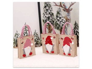 Three-piece burlap Christmas gnome gift bags with 3D applique and red striped handles