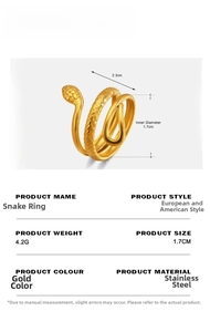 Detailed spec sheet showing a gold snake-shaped stainless steel ring with scale texture