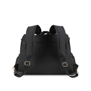 Waterproof quilted diaper bag in black fabric with golden hardware and padded straps