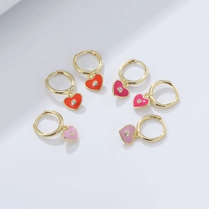 Colorful heart-shaped enamel drop earrings in 925 silver with sparkling zircon accents