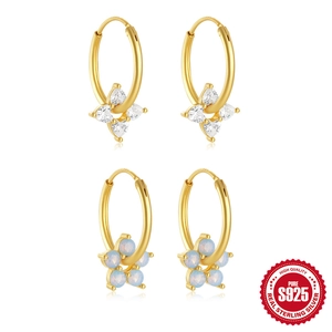 Flower Drop Hoop Earrings With 925 Sterling Silver Earring Post Gold Plated Blue Opal Heart Zircon Luxury Jewelry For Women