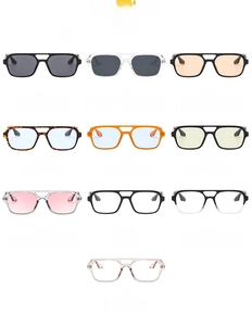 Detailed grid of ten vintage double-bridge aviator sunglasses in various frame colors