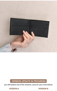 Detail view of the multi-slot black textured leather wallet interior and version update notice