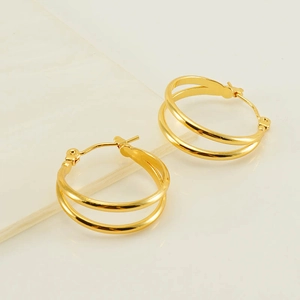 Chic double layer gold stainless steel hoop earrings in a minimalist round design
