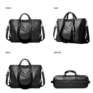 Front, side, back, and bottom views of a black faux leather tote bag with metal hardware
