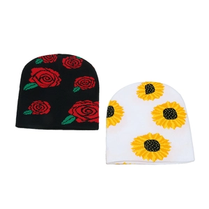 Women Acrylic Knit Beanie Hat Floral Jacquard Rose Sunflower Streetwear Style Winter Warm Skull Cap Pullover