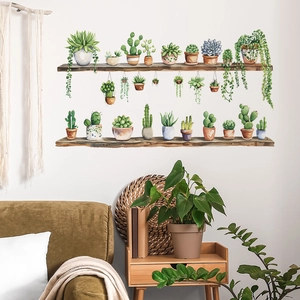 Watercolor succulent wall stickers on wood shelves for living room decor
