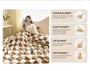 Detail of soft brown plaid fleece blanket showing bedroom usage and four functional purposes