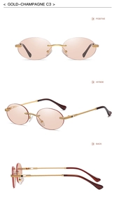 Three-angle view of rimless gold sunglasses with light champagne oval lenses
