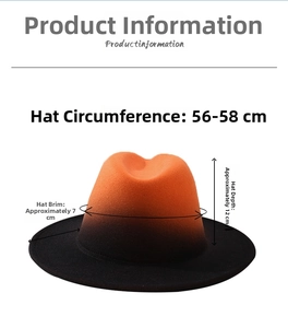 Detailed size chart for gradient wool fedora hat with 7cm brim and 56-58cm circumference