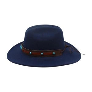 Detail of navy wide brim hat with brown leather band and turquoise stone beads