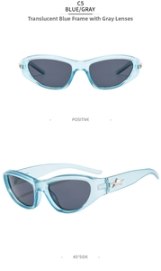 Cat eye sunglasses detail with silver star ornament on transparent blue frames