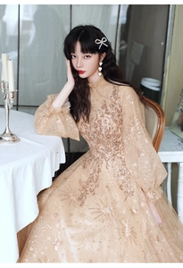 Detailed embroidery of gold sequins and starburst patterns on champagne tulle dress