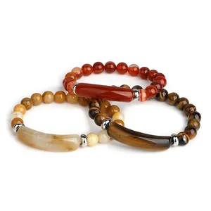 Three-piece stretch bracelet set with natural agate tiger eye beads and metal accents