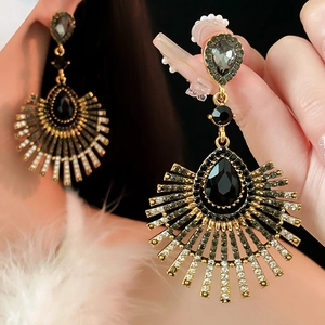 Vintage Baroque style teardrop earrings with black acrylic and sparkling crystals