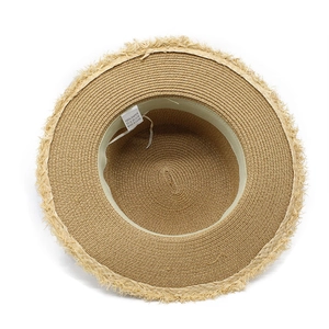 Handwoven raffia paper sun hat with frayed edges and adjustable internal sweatband