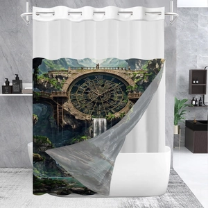 Waterproof waffle shower curtain with vintage fantasy clock and waterfall scenery print