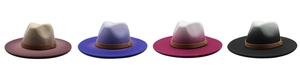 Detail of multi-color gradient wool fedora hats with leather bands and metal rivets