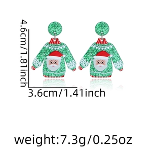 Detailed size view of green Christmas sweater acrylic earrings with Santa Claus pattern