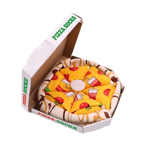 Creative pizza cotton socks folded in a mini pizza box packaging with vibrant toppings