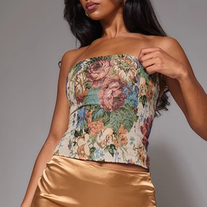 Florales Jacquard Tube Top Trägerlos Vintage Tapisserie Stoff Slim Fit Crop Top Reißverschluss Hinten Für Damen