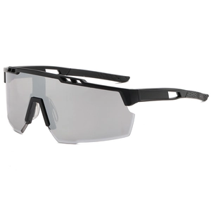Matte black sports cycling sunglasses with silver mirrored lenses and aerodynamic design
