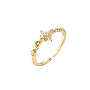 Macro shot of adjustable gold star and moon ring with zircon pavé and spiral band