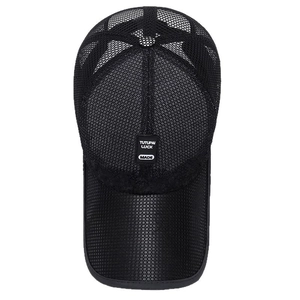 Breathable black mesh baseball cap with extended sun protection brim and logo patch