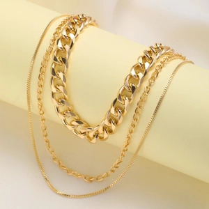 Three-layer layered chunky gold chain necklace with cuban and link styles