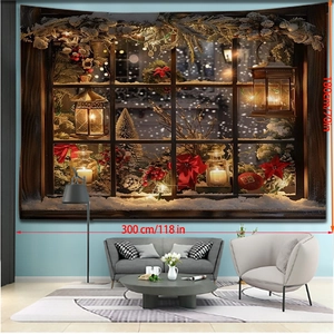 Christmas tapestry with vintage snow window scene and dimension labels of 300cm by 180cm