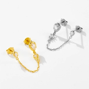 S925 sterling silver waterdrop stud earrings with chain and zircons in gold and silver
