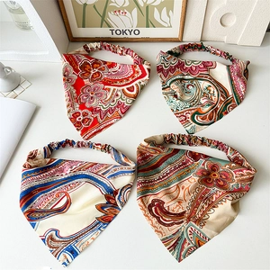 Vintage Paisley Floral Print Triangle Headscarf Satin Fabric Elastic Headband Bohemian Retro Hair Accessories Women