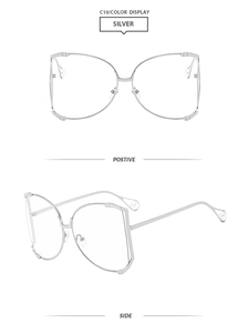 Detailed front and side views of silver square frame sunglasses with pearl accents