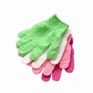 Thick five-finger exfoliating bath gloves in green, white, and pink for deep skin cleansing