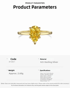 Detailed spec sheet of 925 sterling silver ring with 1.5ct pear-cut yellow gemstone