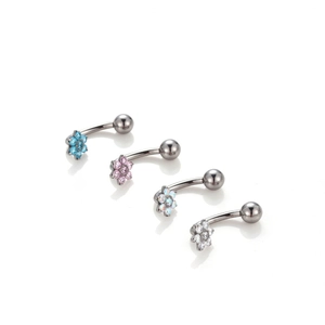 G23 titanium belly rings with flower cubic zirconia in blue, pink, white, and aurora